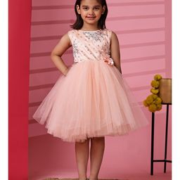 Toy Balloon Kids Net Sleeveless Beads Embellished Floral Designed Dress - Peach-image-72