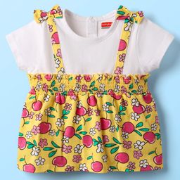Babyhug Cotton Knit Half Sleeves Top with Tropical Theme Print & Bow Applique - Yellow & White-image-42