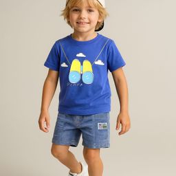 Mark & Mia Knitted Half Sleeves T-Shirt & Denim Shorts with Binocular Print - Blue-image-38