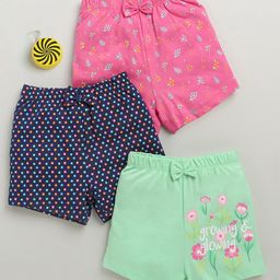 BUMZEE Cotton Pack Of 3 Polka Dots & Floral Printed Bow Applique Detailed Shorts - Navy Blue & Pink-image-19