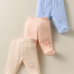 Zero Sinker Woven Footed Bootie Leggings With Bunny Print Pack Of 3 - Light Blue Peach & Beige-image-8