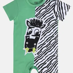 MINI KLUB Cotton Knit Half Sleeves Zebra Patch Detailed Romper - Green & White-picture-1