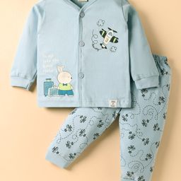 CUCUMBER Sinker Knit Full Sleeves Front Open Bunny & Aeroplane Printed Night Suit - Light Blue-picture-3