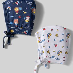 Babyhug 100% Cotton Knit Bonnet Caps with Teddy & Rainbow Print Pack of 2 Navy Blue & White - Diameter 16 cm-picture-20