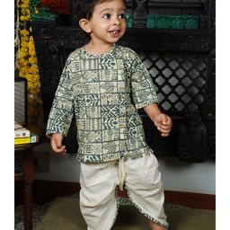 Polka Tots Full Sleeves Forrest Theme Leaves Geometric Block Printed Kurta & Coordinating Dhoti - Cream & Grey image 3