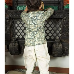 Polka Tots Full Sleeves Forrest Theme Leaves Geometric Block Printed Kurta & Coordinating Dhoti - Cream & Grey image 4