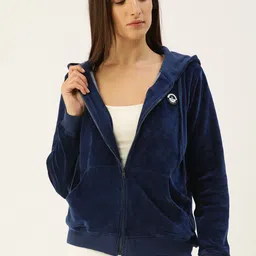 Flying Machine Women Navy Blue Hooded Front-Open Sweatshirt-image-6