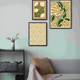 999Store Cream-Coloured & Green 3 Piece Canvas Floral and Botanical Wall Paintings-4