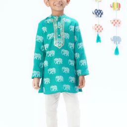 Lil Drama Kids Turquoise & White Printed Full Sleeves Kurta with Pants-picture-28
