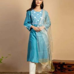 Mushio Turquoise Maya Embroidered Chanderi Silk Kurta-image-45