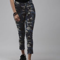 Roadster Women Teal Blue Camouflage Printed Slim Fit Chinos Trousers-image-70