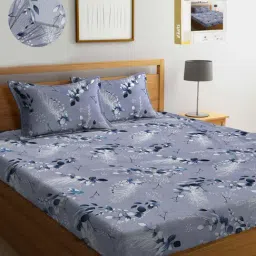 Klotthe Printed Grey 300 TC Cotton Blend Double Bed Sheet with 2 Pillow Covers-image-95