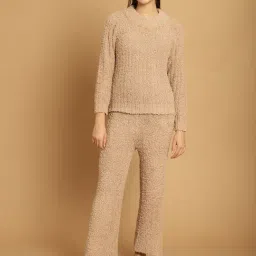 TAG 7 Beige Self Design Woolen Pullover With Lounge Pants-image-17