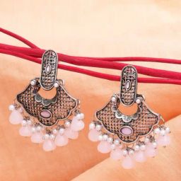 Karatcart Oxidized Pink Monalisa Stone & Pearl Studded Drop Earrings for Women-30