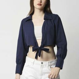 Remanika Navy Pure Cotton Cropped Tie Knot Shirt-image-39