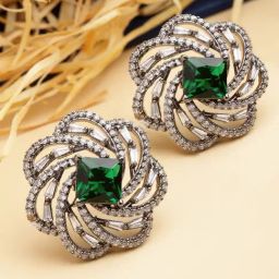 Karatcart Black Silver Tone Green Cubic Zirconia Stud Earrings for Women-36
