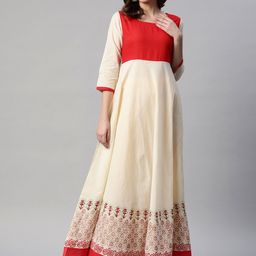 MBE Women Floral Block Print Pure Cotton Anarkali Kurta-image-74