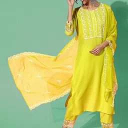 Indo Era Women Yoke Design Round Neck Kurta With Trousers & Dupatta-image-84