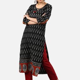 KALINI Geometric Ikat Printed Pure Cotton Straight Kurta-4