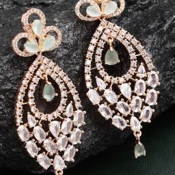 Karatcart Rose Gold Plated Lime Green Cubic Zirconia Studded Drop Shape Dangler Earrings for Women-6