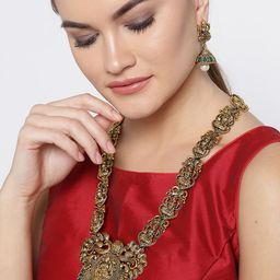 Zaveri Pearls Antique Gold-Toned Goddess Lakshmi-Textured Stone-Studded Jewellery Set-image-35