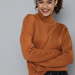 HERE&NOW Women Brown Solid Turtle Neck Pullover-image-73