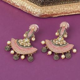 OOMPH Jewellery Pink & Kundan Pearls Floral Dangler-1