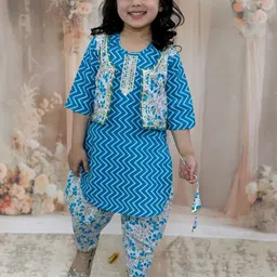 JUNITOS Girls Floral Printed Regular Pure Cotton Kurta with Dhoti Pants-picture-29