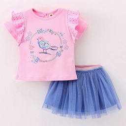 ToffyHouse Half Sleeves Top & Skirt Set Bird Print - Pink & Blue-picture-47