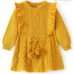 Babyoye Eco Conscious 100% Cotton Solid Full Sleeves Wollen Dress with Cable Knit Design - Yellow-image-126