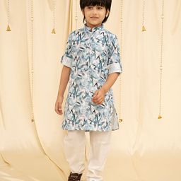 Ministitch Full Sleeves Abstract W Letter With Water Colour Splash Art Printed Kurta With Pyjama - Blue & White-image-3
