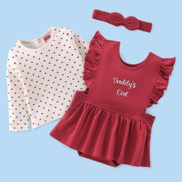 Babyhug 100% Cotton Full Sleeves Inner Tee with Frock Style Onesie with Headband Text Printed - Red-image-9