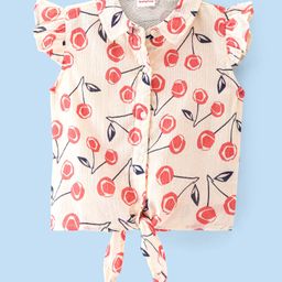 Babyhug Rayon Woven Frill Sleeves Top with Cherry Print & Knot Detailing - White & Peach-image-45