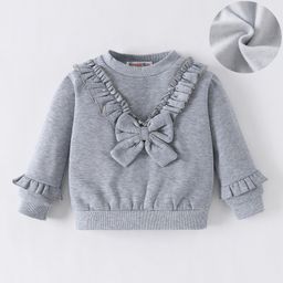 Kookie Kids Full Sleeves Solid Colour Winter Top With Frill & Bow Detailing - Grey-image-16