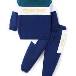 Babyhug Cotton Knit Full Sleeves Color Block T-Shirt & Lounge Pants Set With Text Print - Blue-picture-12