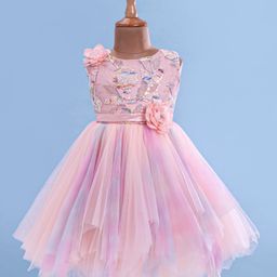 Bluebell Net Sleeveless Floral Embroidered & Sequinned Detailing Party Frock - Peach-image-1