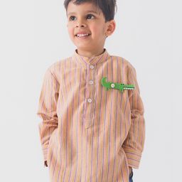 Tiber Taber Full Sleeves Striped & Animal Applique Detailed Kurta - Peach-image-30