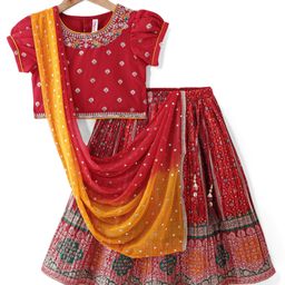 Babyhug Woven Half Puff Sleeves Zari & Sequin Embroidered Choli Lehenga & Dupatta Set With Tassel Detailing - Red-image-76