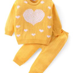 Babyhug Knitted Full Sleeves Pullover Sweater & Pant Set With Heart Design - Yellow-picture-12