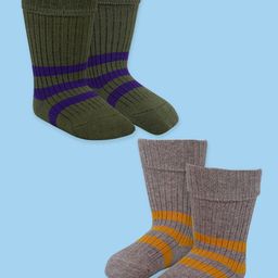 Baby Moo Pack Of 2 Striped Anti Skid Socks  - Green Grey-image-64