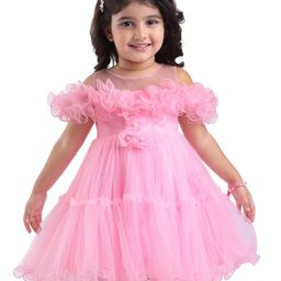 Babyhug Woven Sleeveless Tiered Frock With Frills At Yoke & Floral Applique - Pink-image-57
