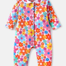 Babyhug 100% Cotton Knit Full Sleeves Front Open Romper with Floral Print - Multicolor-image-95