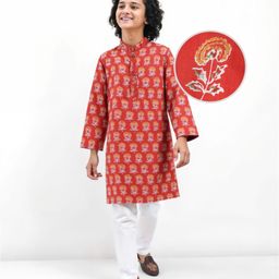 Pine Kids Cotton Woven Full Sleeves Floral Printed Kurta Pyjama Set - Rust Orange-image-11