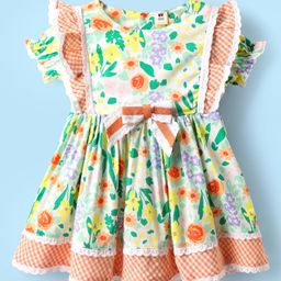 ToffyHouse Cotton Woven Frill Sleeves Frock With Floral Print & Bow Applique - White-image-55