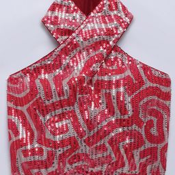 Taffykids Sleeveless Sequins Embellished Halter Neck Crop Top - Red-image-66