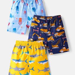 Babyhug Poplin Woven Boxers with Shark & Vehicles Print Pack of 3 - Blue & Yellow-image-92