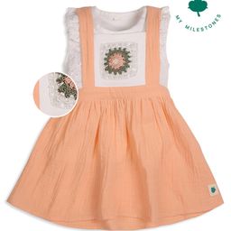 My Milestones Solid Dungaree Dress With Handcrafted Sleeveless Floral Crochet Embroidered Tee - Peach-image-24