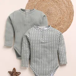 Cot & Candy Organic Cotton Pack Of 2 Full Sleeves Solid & Checked Onesies - Grey-picture-12