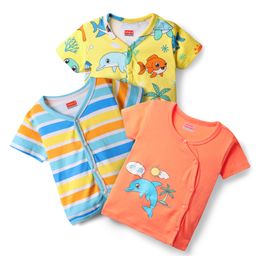 Babyhug 100% Cotton Antibacterial Half Sleeves Front Open Jhablas With Stripes & Sea Life Print Pack Of 3 - Yellow Orange & Light Blue-image-28