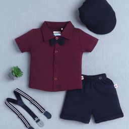BUMZEE Cotton Half Sleeves Solid Shirt With Attached Bow & Shorts With Suspender & Cap Set - Wine & Navy Blue-image-26